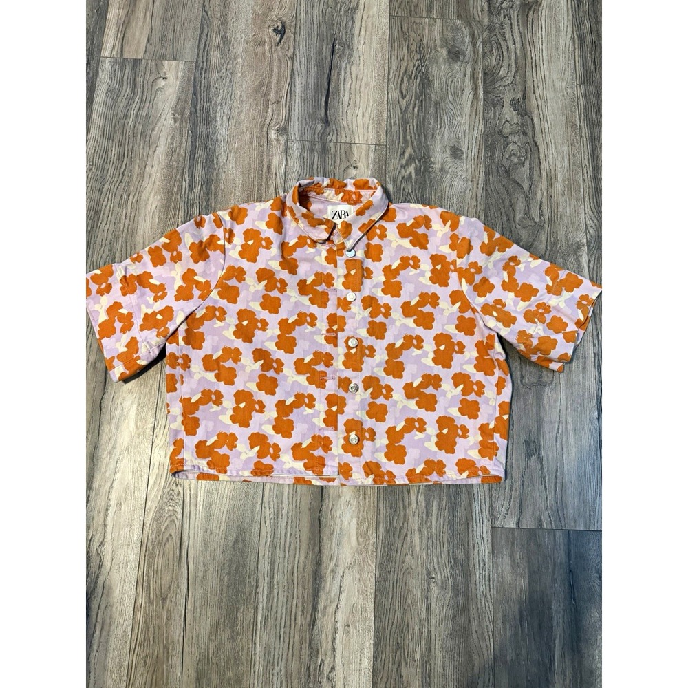 Zara Women's Size S Orange Lavender Cream Floral Collared Button-Up Shirt